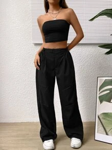 SHEIN EZwear 純色管頂+貨物褲套裝 - 黑色 - 查看 4