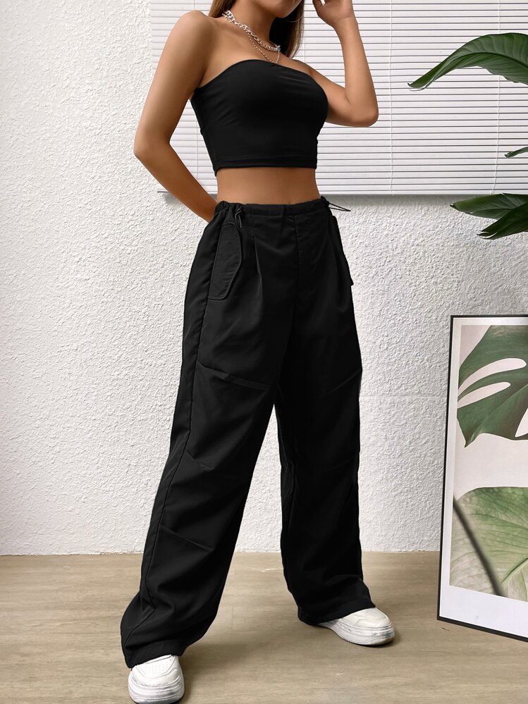 SHEIN EZwear 純色管頂+貨物褲套裝 - 黑色 - 查看 6