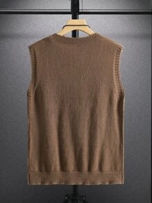 Claim Dot 男士单件V领毛衣背心，无袖，外出，朋友聚会，时尚，纯色，秋冬款 - 咖啡棕 - 查看 2