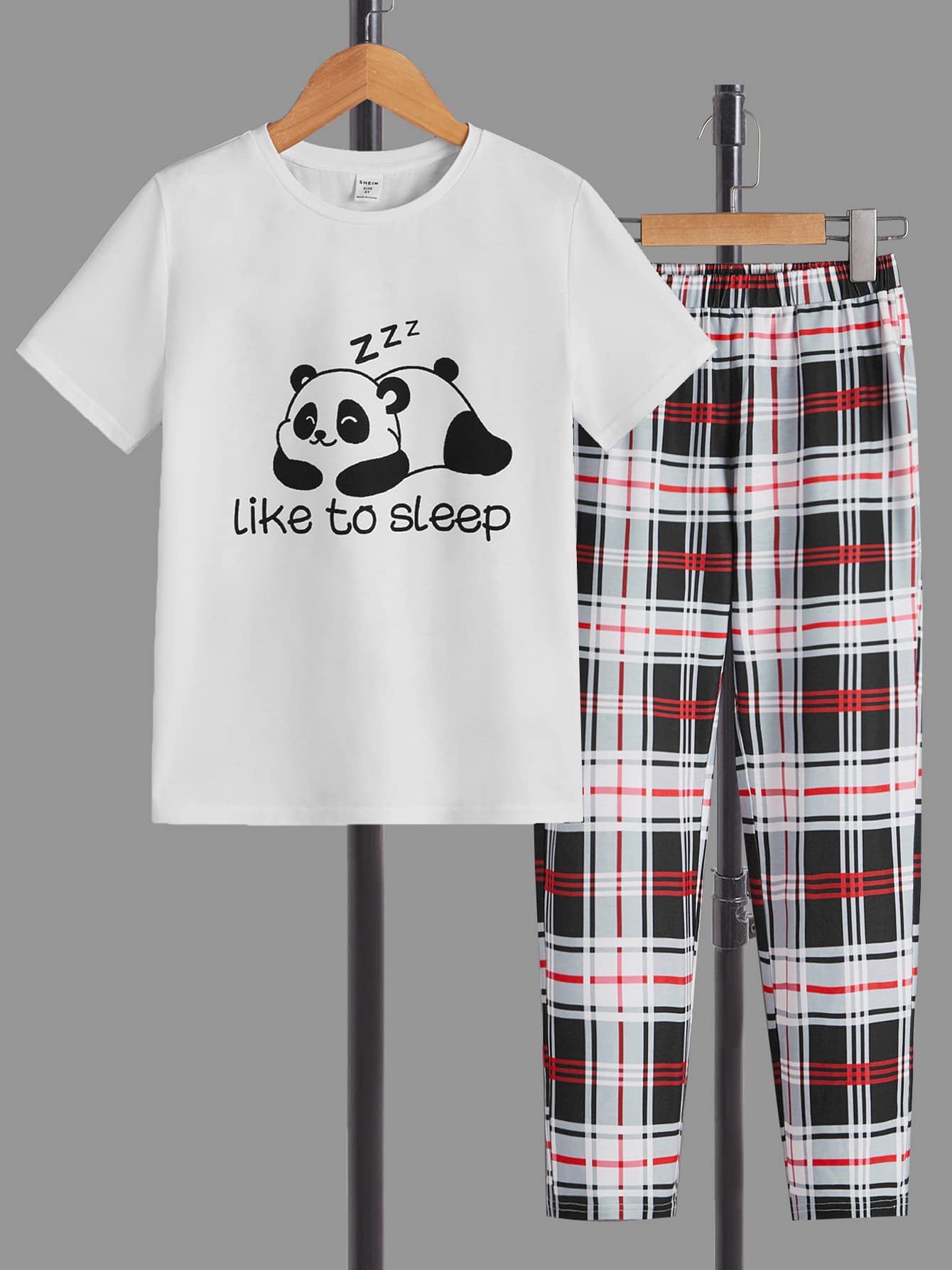 SHEIN Boys Panda & Plaid Print Snug Fit PJ Set - Multicolor - View 1
