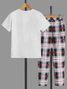 SHEIN Boys Panda & Plaid Print Snug Fit PJ Set - Multicolor - View 2