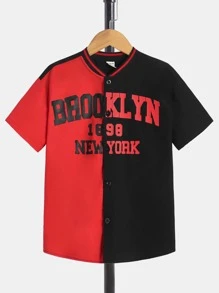 SHEIN 適合青少年男孩的字母圖案兩色調棒球領襯衫,無內搭t恤 - 彩色 - 查看 5