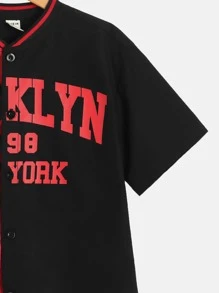 SHEIN 適合青少年男孩的字母圖案兩色調棒球領襯衫,無內搭t恤 - 彩色 - 查看 3