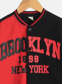 SHEIN 適合青少年男孩的字母圖案兩色調棒球領襯衫,無內搭t恤 - 彩色 - 查看 4