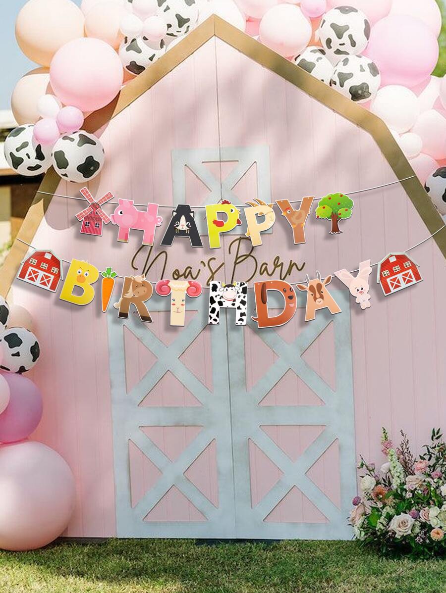 1set Cartoon Animal Print Birthday Party Pull Flag - Multicolor - View 1