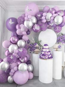 104pcs/Set Purple Sliver Confetti Balloon Chain Set & 12pcs Sliver Butterfly & 2pcs Balloon Accessory, Balloon Combination Perfect For Birthday Coming-Of-Age Ceremony Wedding Party Wall Background, Decorative Balloon Arch Kit Back To School Valentine Day - Multicolor - View 1