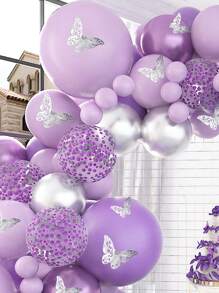104pcs/Set Purple Sliver Confetti Balloon Chain Set & 12pcs Sliver Butterfly & 2pcs Balloon Accessory, Balloon Combination Perfect For Birthday Coming-Of-Age Ceremony Wedding Party Wall Background, Decorative Balloon Arch Kit Back To School Valentine Day - Multicolor - View 5