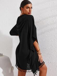 Tassel Trim Batwing Sleeve Cover Up Dress - Black - View 2