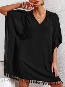 Tassel Trim Batwing Sleeve Cover Up Dress - Black - View 3