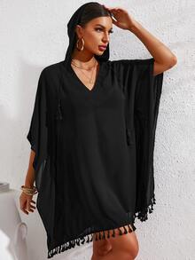 Tassel Trim Batwing Sleeve Cover Up Dress - Black - View 4