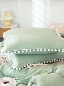 Juego de ropa de cama tipo boho/granja con cubrecama de pompones, 3 piezas: 1 cubrecama con cierre y 2 fundas de almohada, sin edredón. Cubrecama suave y transpirable de microfibra para niños y niñas. - Verde - Ver 7