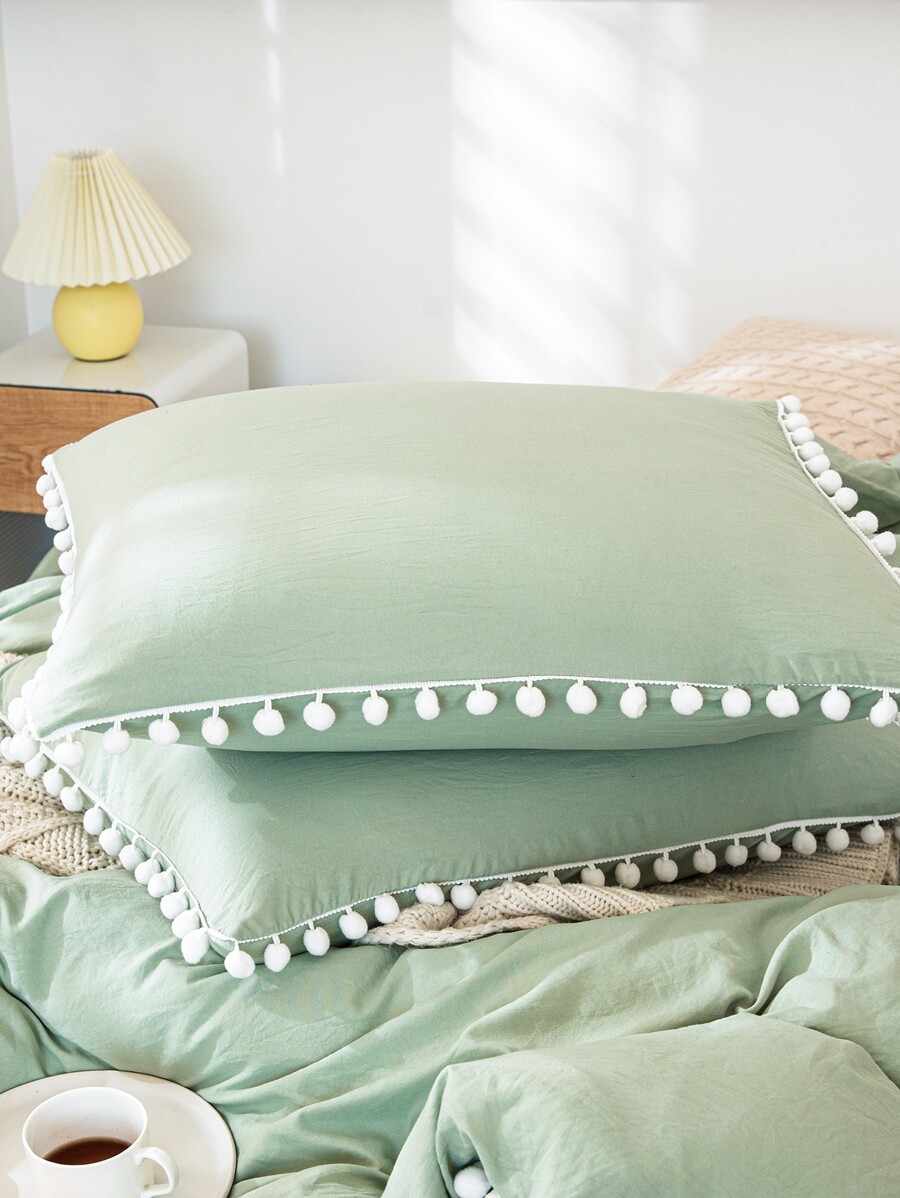 Pom Pom Decor Solid Bedding Set Without Filler SHEIN UK