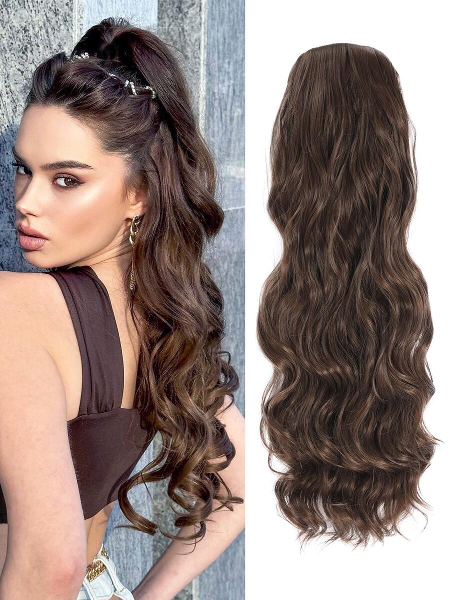 Long Body Wave Ponytail Synthetic Hair Extension - Maroon - View 1