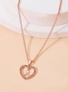1pc Copper & Rhinestone Inlaid Heart Shaped Letter Pendant Necklace Suitable For Women's Daily Wear - Rose Gold - View 2