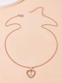 1pc Copper & Rhinestone Inlaid Heart Shaped Letter Pendant Necklace Suitable For Women's Daily Wear - Rose Gold - View 3