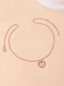 1pc Copper & Rhinestone Inlaid Heart Shaped Letter Pendant Necklace Suitable For Women's Daily Wear - Rose Gold - View 4