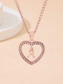 1pc Copper & Rhinestone Inlaid Heart Shaped Letter Pendant Necklace Suitable For Women's Daily Wear - Rose Gold - View 5