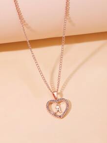 1pc Copper & Rhinestone Inlaid Heart Shaped Letter Pendant Necklace Suitable For Women's Daily Wear - Rose Gold - View 7