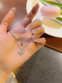 水鑽愛心掛飾多層次項鍊 - 銀色 - 查看 5