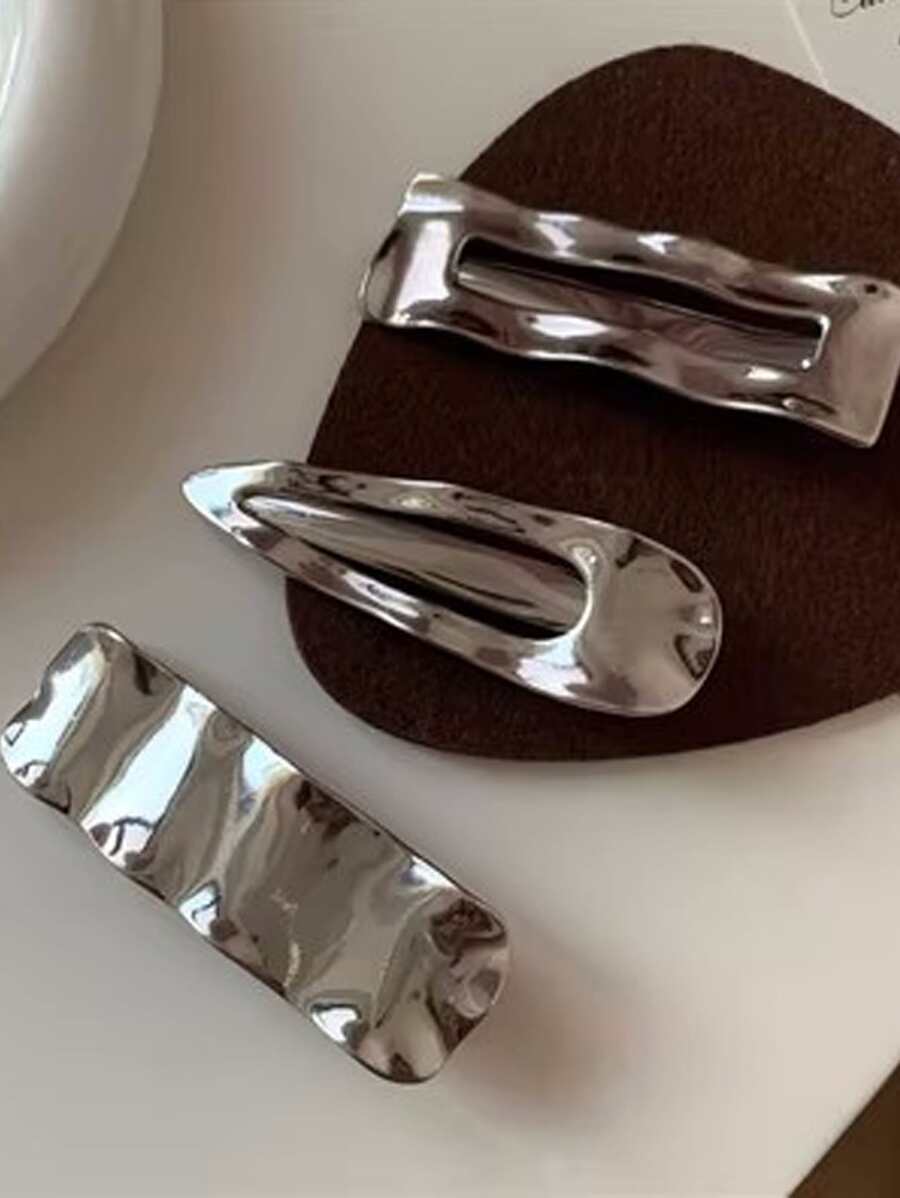 3件套韩版ins风独特镂空几何金属发夹套装，休闲Y2K爪夹发卡，学生用品，发饰，头部饰品，女士发饰，发夹 - 銀色 - 查看 1