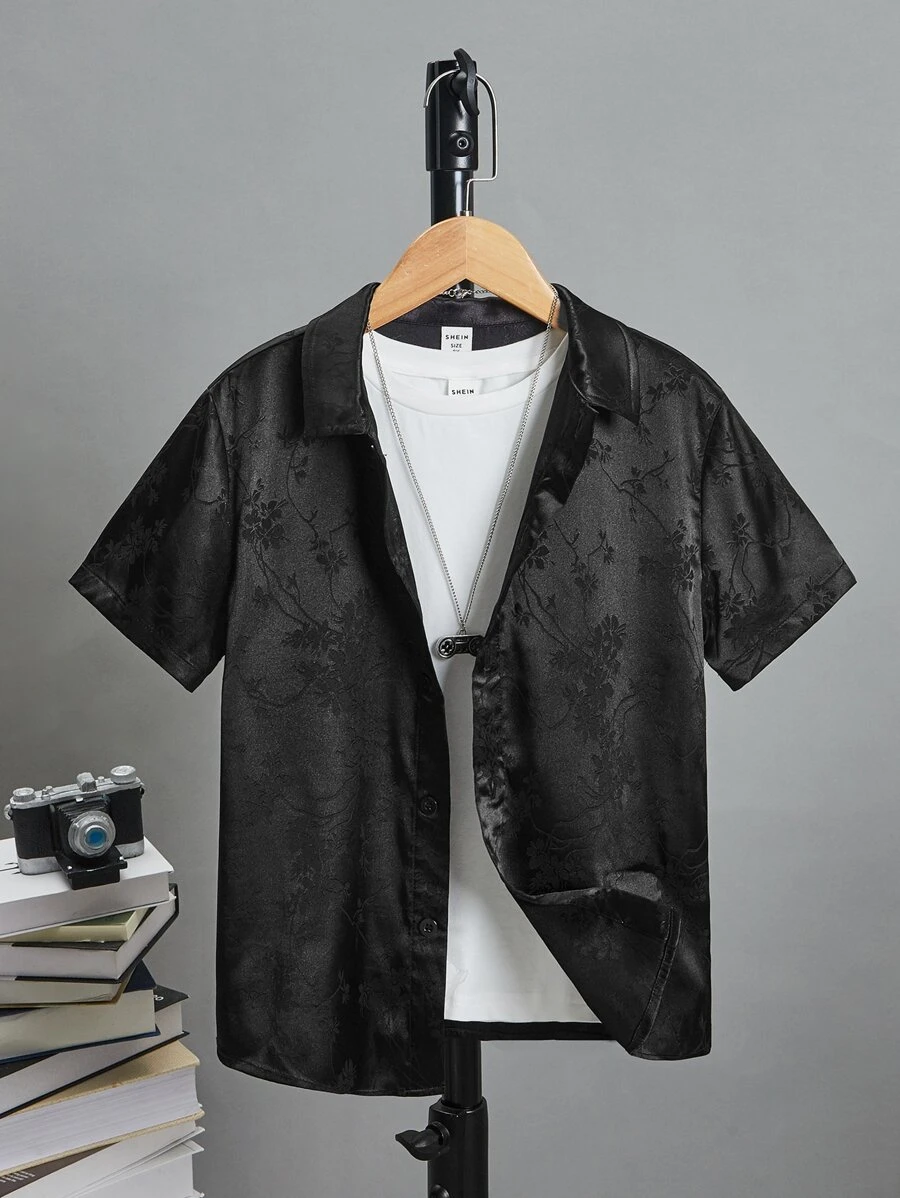 SHEIN 男孩花卉圖案提花襯衫不帶T恤