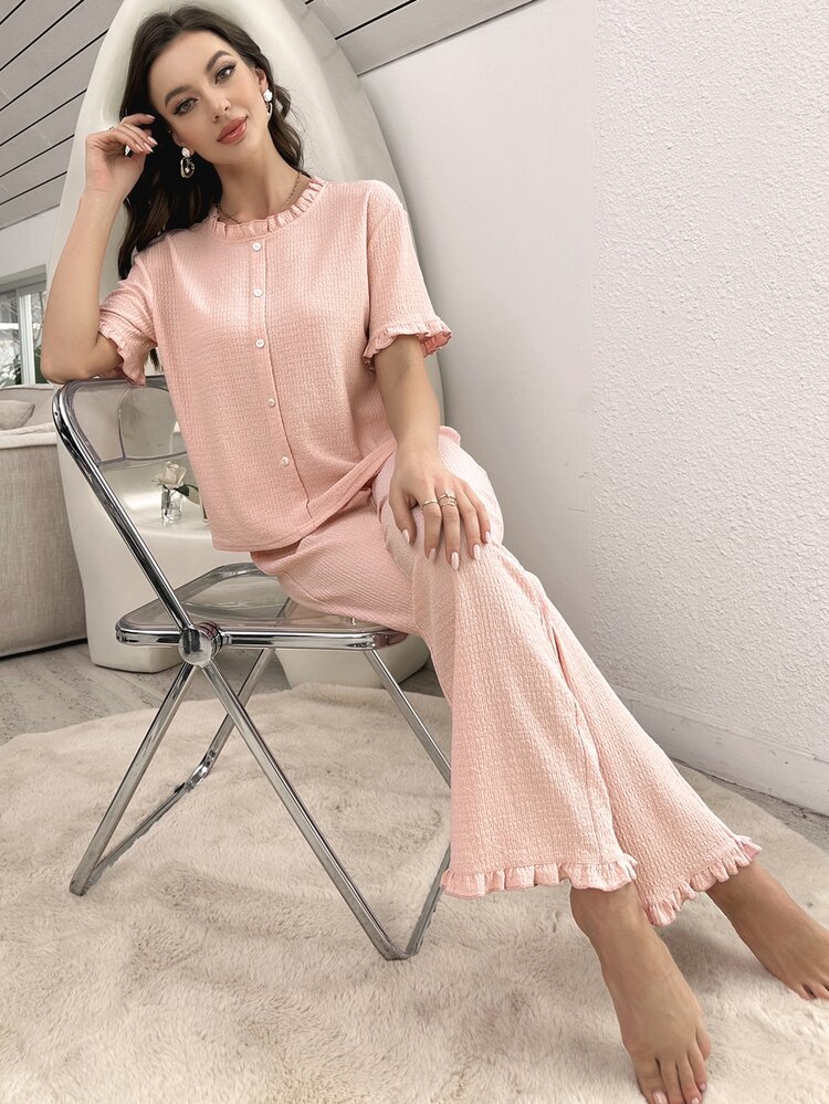 Solid Ruffle Trim Lounge Set