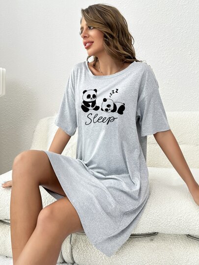 Panda & Letter Graphic Drop Shoulder Pajama Nightdress, Moo Moo