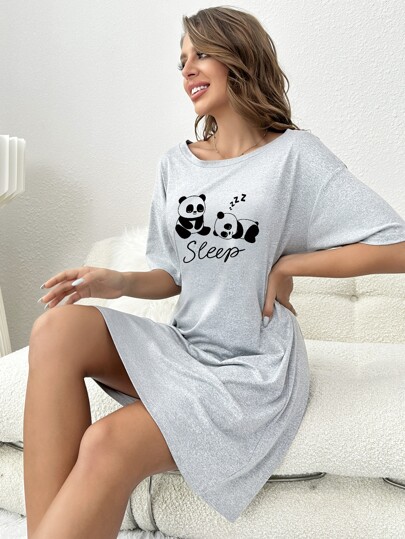 Letter Graphic Drop Shoulder Pajama Nightdress, Moo view 5