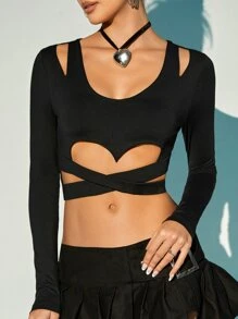 SHEIN X KeniaOs SHEIN ICON 剪裁交叉纯色短款上衣 - 黑色 - 查看 2