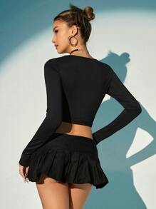 SHEIN X KeniaOs SHEIN ICON 剪裁交叉纯色短款上衣 - 黑色 - 查看 7
