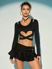 SHEIN X KeniaOs SHEIN ICON 剪裁交叉纯色短款上衣 - 黑色 - 查看 3