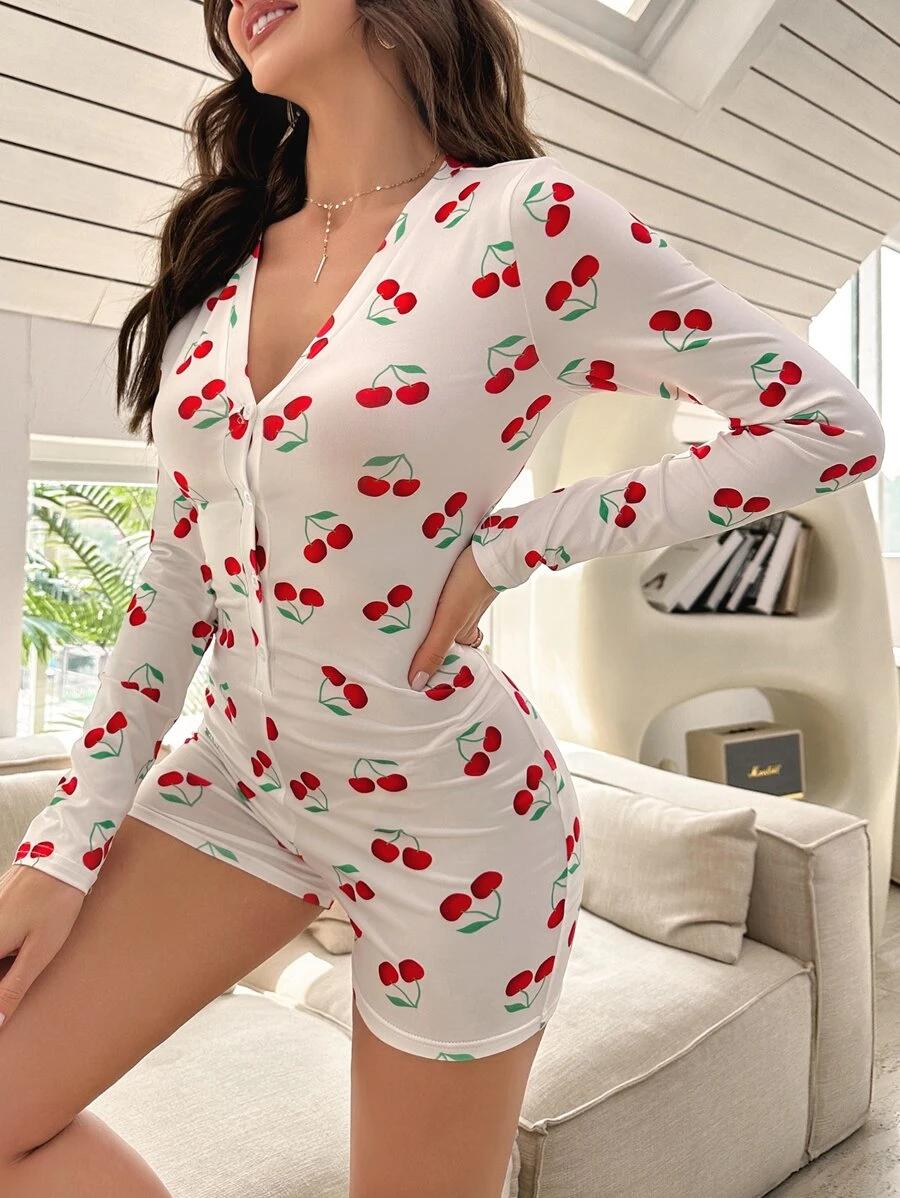 櫻桃圖案前紐扣連體睡衣 - 白色 - 查看 1
