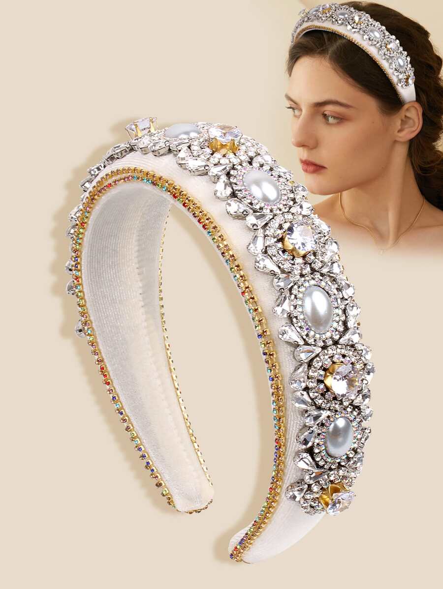 1pc Women Rhinestone & Faux Pearl Decor Luxury Headband, For Decoration