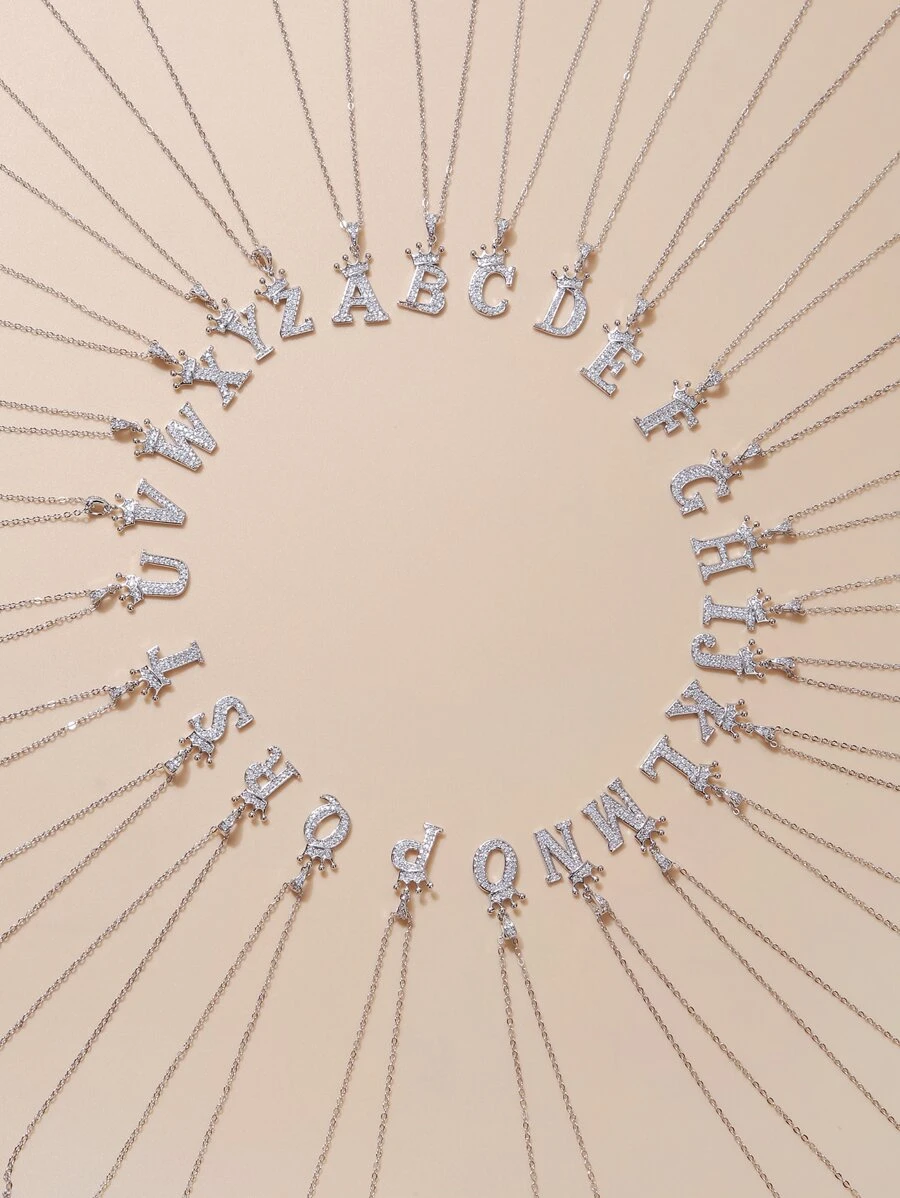 RINTOLER Dây chuyền Khối Zirconia  Lá thư & Đồ treo vương miện - Bạc - Xem 1