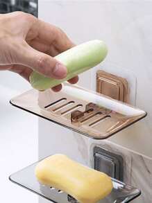 1pc Plastic Soap Dish Holder, Modern Wall Mounted Punch-free Soap Dish For Bathroom - Brown - View 1