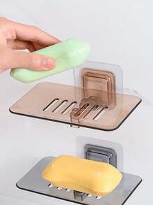 1pc Plastic Soap Dish Holder, Modern Wall Mounted Punch-free Soap Dish For Bathroom - Brown - View 5