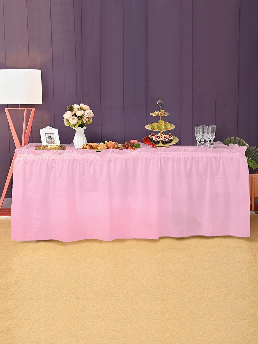 1pc PE Disposable Tablecloth Skirt, Sweet Pink Table Skirt For Rectangle - Pink - View 1