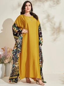 Al Najma Plus Paisley Print Drop Shoulder Arabian Dress - Yellow - View 1