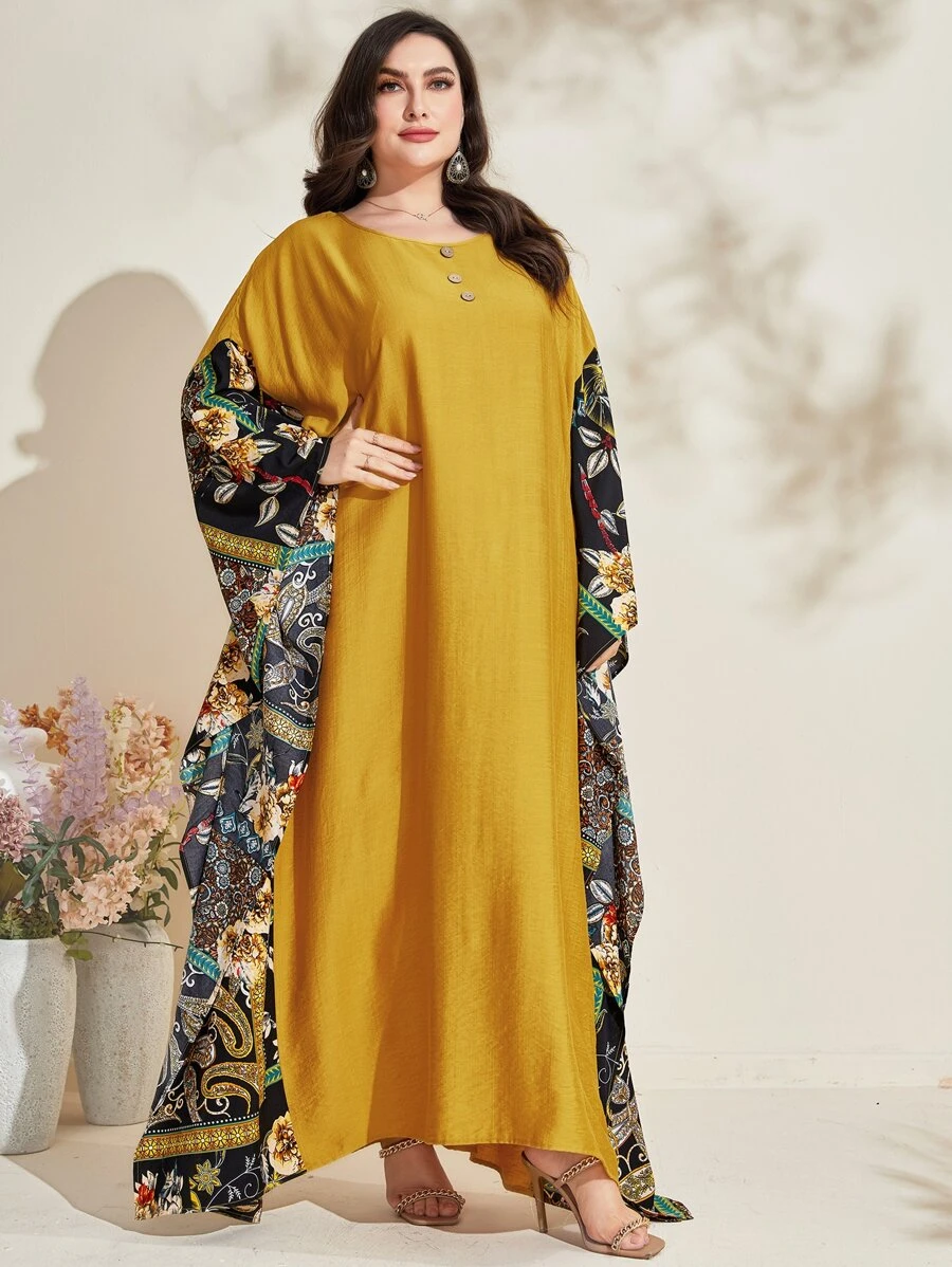Al Najma Plus Paisley Print Drop Shoulder Arabian Dress - Yellow - View 1
