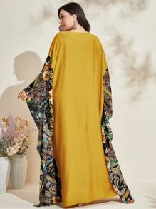 Al Najma Plus Paisley Print Drop Shoulder Arabian Dress - Yellow - View 2