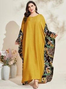 Al Najma Plus Paisley Print Drop Shoulder Arabian Dress - Yellow - View 4