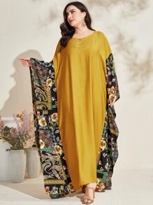 Al Najma Plus Paisley Print Drop Shoulder Arabian Dress - Yellow - View 5