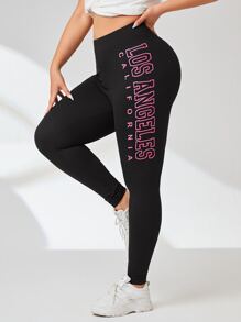 SHEIN Essnce 大碼字母圖案寬腰帶緊身打底褲 - 黑色 - 查看 1