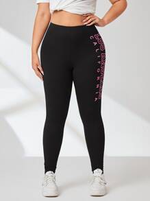 SHEIN Essnce 大碼字母圖案寬腰帶緊身打底褲 - 黑色 - 查看 3