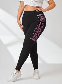 SHEIN Essnce 大碼字母圖案寬腰帶緊身打底褲 - 黑色 - 查看 4