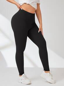 SHEIN Essnce 大碼字母圖案寬腰帶緊身打底褲 - 黑色 - 查看 5