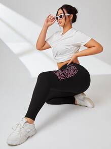 SHEIN Essnce 大碼字母圖案寬腰帶緊身打底褲 - 黑色 - 查看 6