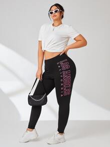 SHEIN Essnce 大碼字母圖案寬腰帶緊身打底褲 - 黑色 - 查看 7