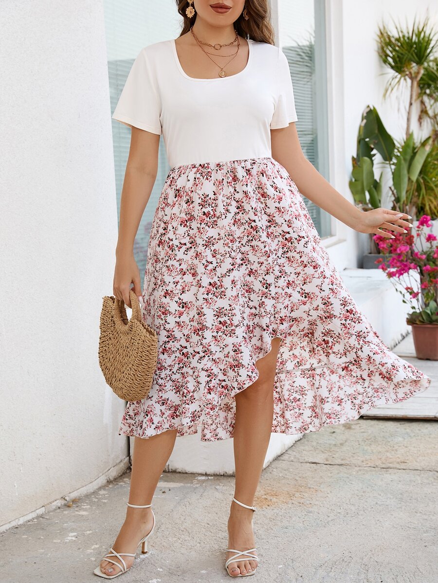 SHEIN Clasi Vestido con estampado floral bajo con fruncido - Albaricoque - Ver 1