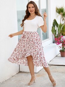 SHEIN Clasi Vestido con estampado floral bajo con fruncido - Albaricoque - Ver 4